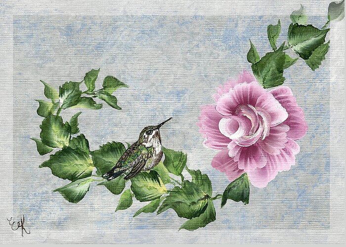 Hummingbird Rose Garden Greeting Card featuring the painting Joni's Flying Jewel by Ella Kaye Dickey