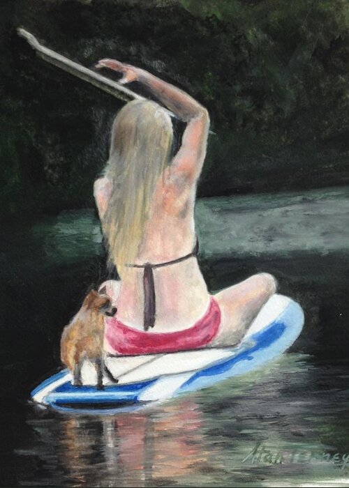 River Stream Lake Creek Water Dog Alex Paddleboard Greeting Card featuring the painting Journey by Stan Tenney