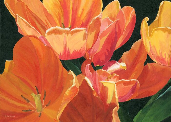 Tulips Greeting Card featuring the painting Julie's Tulips by Lynne Reichhart