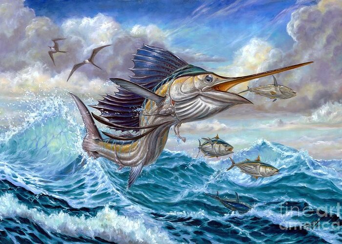 Sailfish Small Tuna Greeting Card featuring the painting Jumping Sailfish And Small Fish by Terry Fox