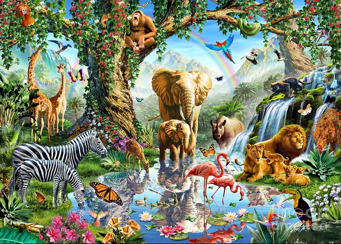 Adrian Chesterman Greeting Card featuring the digital art Jungle Lake by MGL Meiklejohn Graphics Licensing