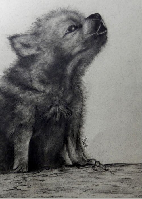 Baby Wolf Greeting Card featuring the painting Just Like Mama by Annamarie Sidella-Felts