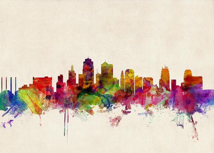 Watercolour Greeting Card featuring the digital art Kansas City Skyline by Michael Tompsett