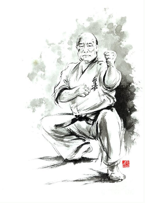 Karate Greeting Card featuring the painting Karate martial arts kyokushinkai Masutatsu Oyama japanese kick japan ink sumi-e by Mariusz Szmerdt