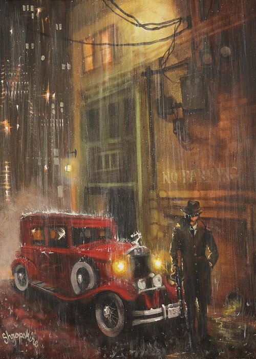 Mobsters Greeting Card featuring the painting Keep the Motor Running by Tom Shropshire