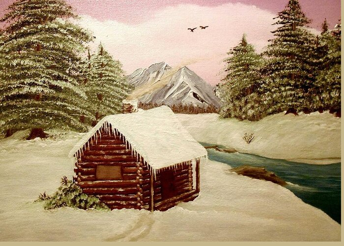 Log Cabin Greeting Card featuring the painting Kelly's Retreat by Sheri Keith