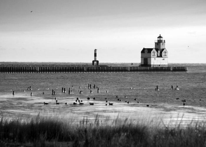 Lighthouse Greeting Card featuring the photograph Kewaunee Lighthouse in BandW by Bill Pevlor