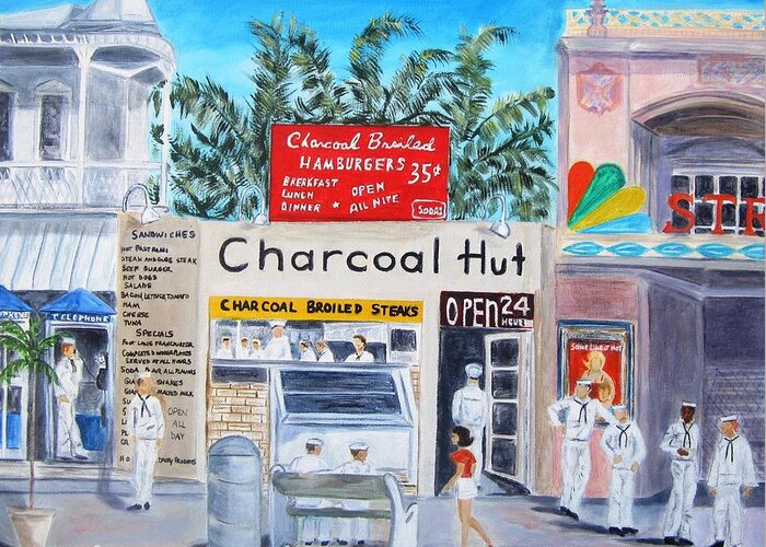 Key West Greeting Card featuring the painting Key West Charcoal Hut by Linda Cabrera