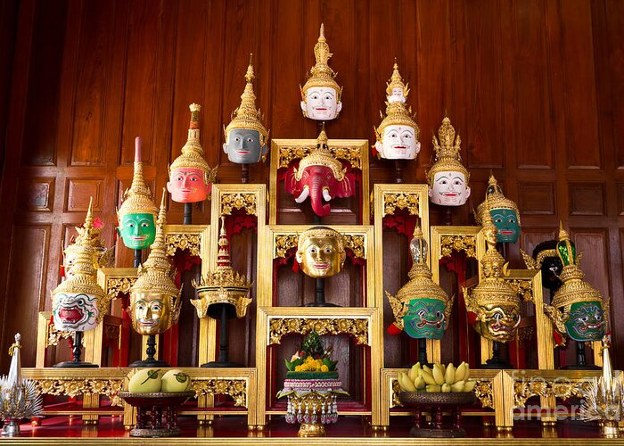 Thailand Greeting Card featuring the photograph Khon Masks is situated on the set of altar table by Tosporn Preede