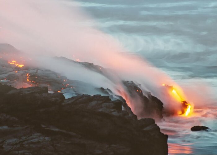 Landscapes Greeting Card featuring the photograph Kilauea Lava Meets the Pacific by Mary Lee Dereske