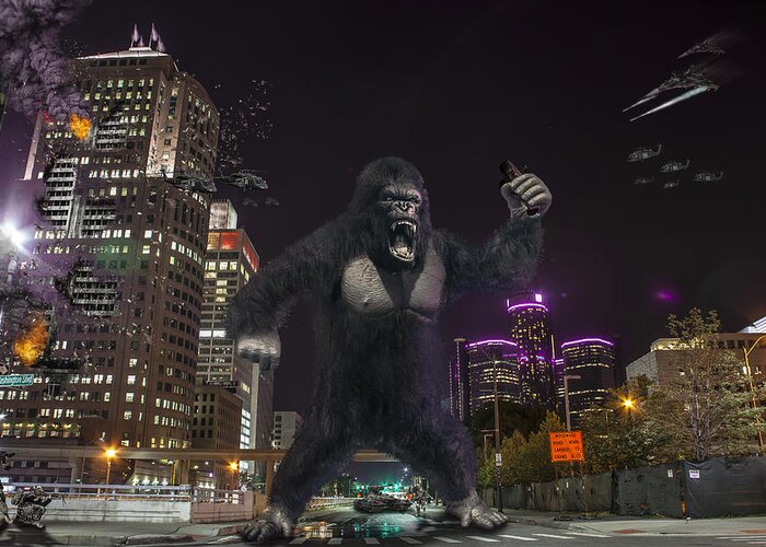 King Kong Greeting Card featuring the photograph King Kong on Jefferson St in Detroit by Nicholas Grunas