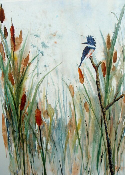 Landscape Greeting Card featuring the painting Kingfisher dragonflies and Cattails by Susan Duda