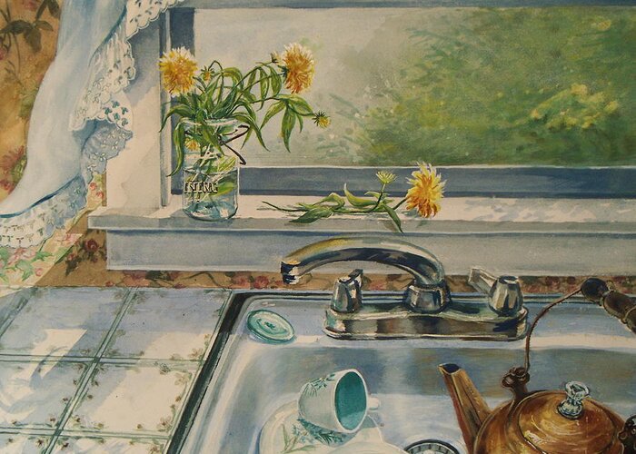  Yellow Flowers Greeting Card featuring the painting Kitchen Sink by Joy Nichols