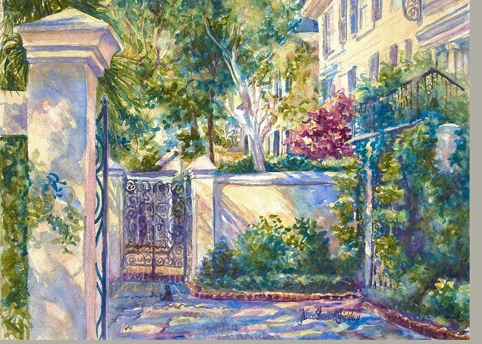 Charleston Greeting Card featuring the painting Kitty in the Corner by Alice Grimsley