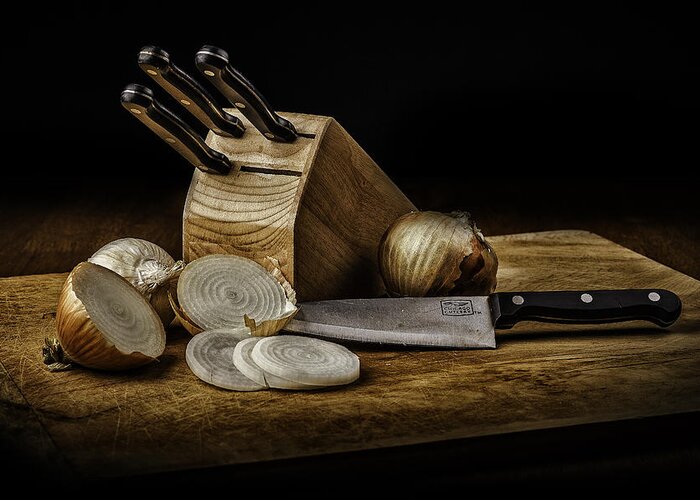 Bath Greeting Card featuring the photograph Knives and Onions by Don Hoekwater Photography