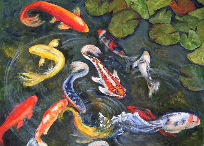 Koi Greeting Card featuring the painting Koi among the lily pads by Sandra Nardone