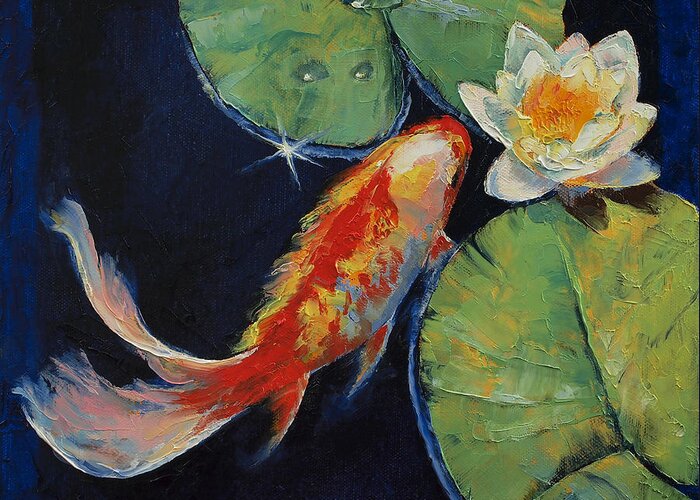 White Lily Greeting Card featuring the painting Koi and White Lily by Michael Creese