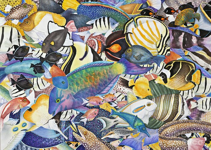 Fish Greeting Card featuring the painting Kona Crowd by Lucy Arnold