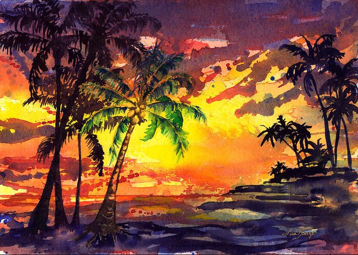 Sunset Greeting Card featuring the painting Kona Sunset by Lisa Bunge