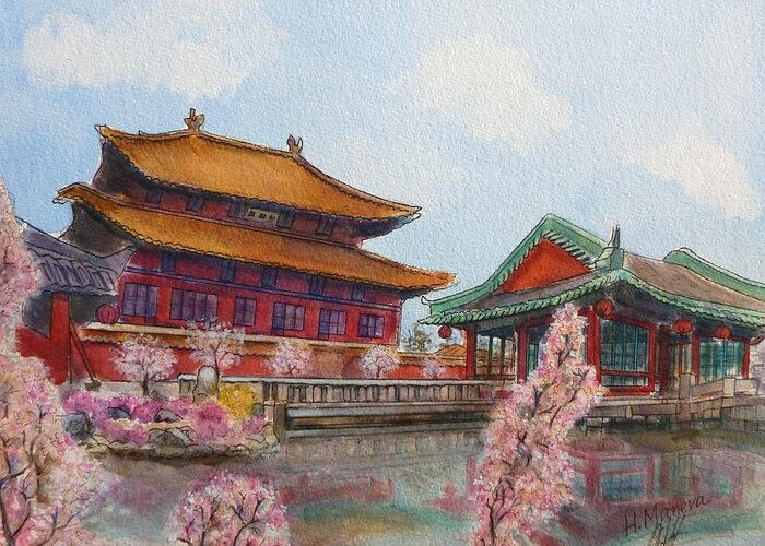 Korean Spring Greeting Card featuring the painting Korean Spring by Henrieta Maneva
