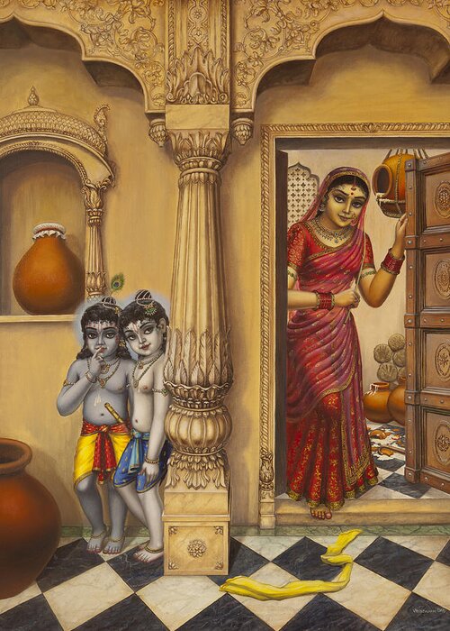 Krishna Greeting Card featuring the painting Krishna and Ballaram butter thiefs by Vrindavan Das