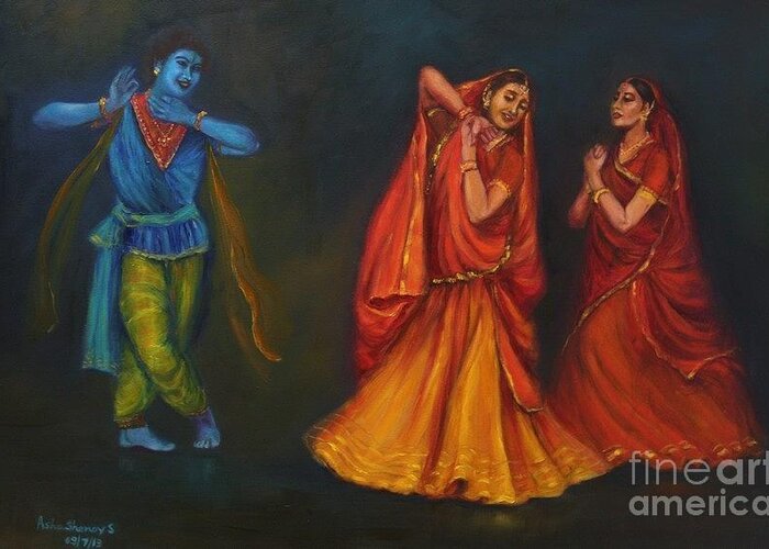 Kathak Dancers Greeting Card featuring the painting Krishna appears to the Gopis by Asha Sudhaker Shenoy