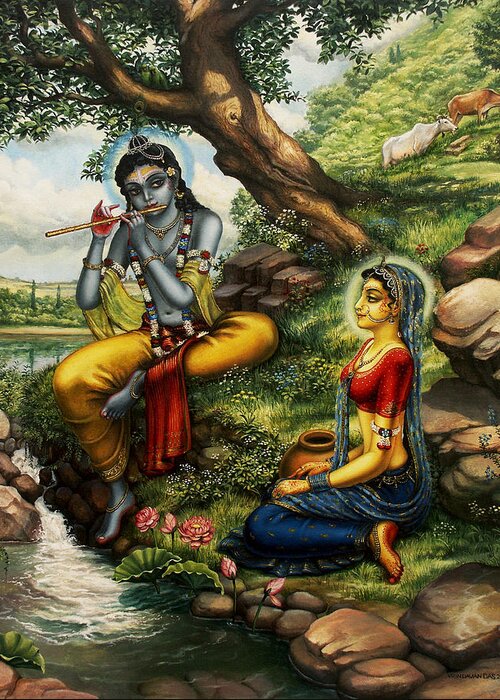 Krishna Greeting Card featuring the painting Krishna with Radha by Vrindavan Das