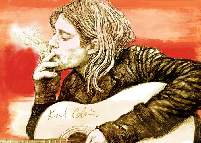 Art Drawing Sharcoal.ketch Portrait Greeting Card featuring the drawing Kurt Cobain - stylised drawing art poster by Kim Wang