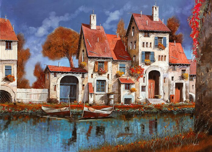 Little Village Greeting Card featuring the painting La Cascina Sul Lago by Guido Borelli