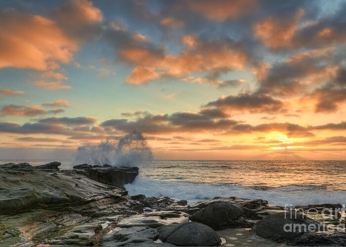 La Jolla Greeting Card featuring the photograph La Jolla Cove At Sunset by Eddie Yerkish