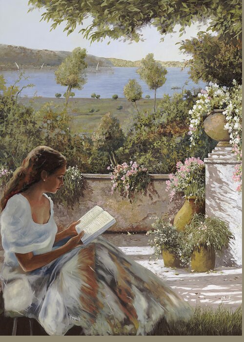Read Greeting Card featuring the painting La Lettura All'ombra by Guido Borelli