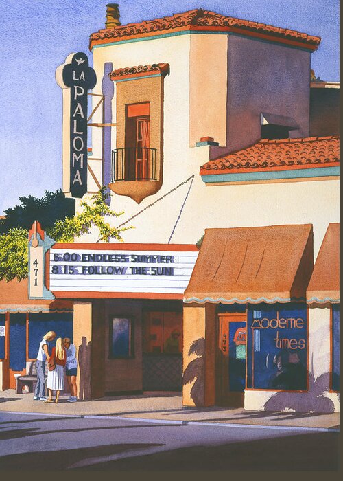 La Paloma Greeting Card featuring the painting La Paloma Theater in Encinitas by Mary Helmreich