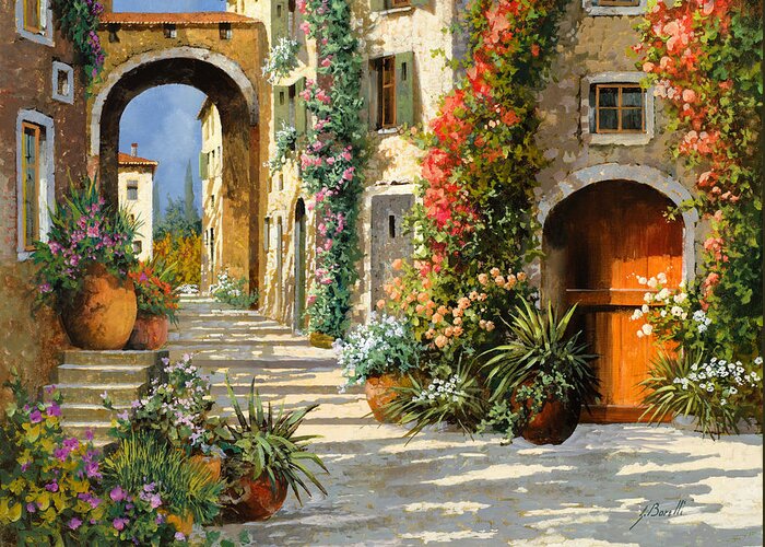 Landscape Greeting Card featuring the painting La Porta Rossa Sulla Salita by Guido Borelli