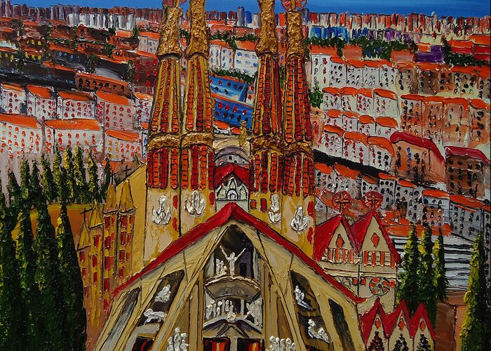  Greeting Card featuring the painting La Sagrada Familia Church Of Barcelona Spain by James Dunbar