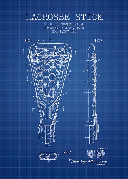 Lacrosse Greeting Card featuring the digital art Lacrosse Stick Patent from 1970 - Blueprint by Aged Pixel