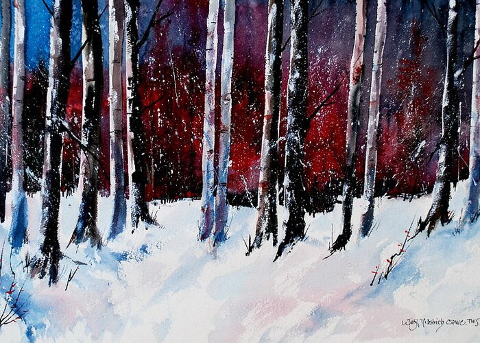 Winter Snow Forest Birch Trees Greeting Card featuring the painting Ladies of the Forest by Wilfred McOstrich