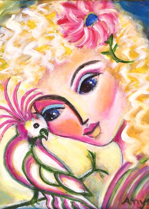 Bird Greeting Card featuring the painting Lady and Cockatiel by Anya Heller