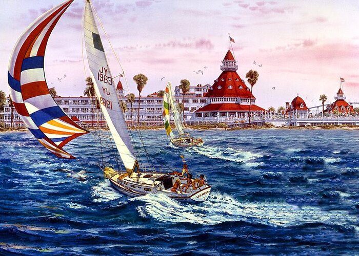 San Diego Paintings Greeting Card featuring the painting San Diego, HOTEL DEL CORONADO SAILING by John YATO