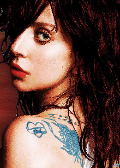 Lady Gaga Greeting Card featuring the painting Lady Gaga Blue Tattoo Close Up by Tony Rubino