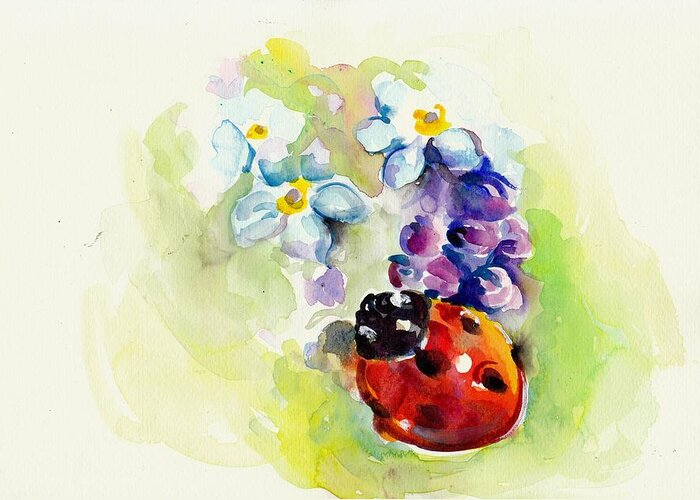 Spring Greeting Card featuring the painting Ladybug in Flowers by Tiberiu Soos