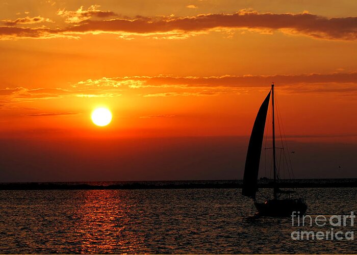 Lake Erie Sunset With Sail Boat Print Greeting Card featuring the photograph Lake Erie Sunset With Sail Boat by Lila Fisher-Wenzel