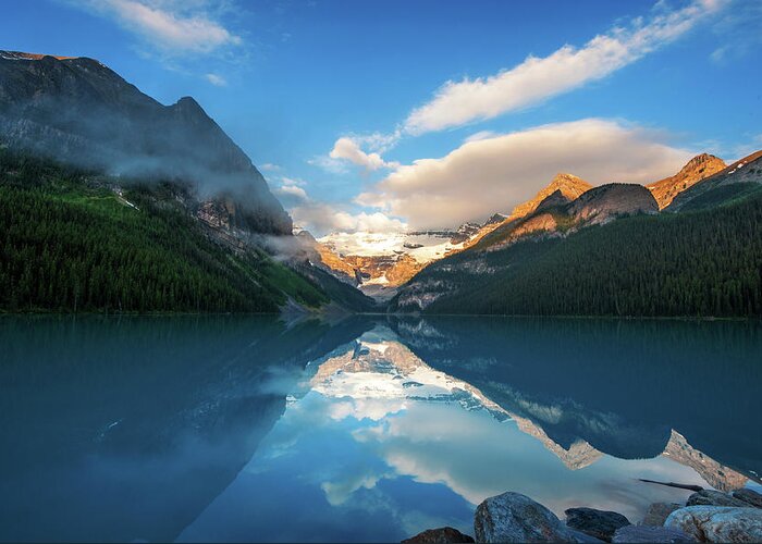 Tranquility Greeting Card featuring the photograph Lake Louise Sunrise by Piriya Photography