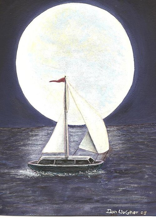 Water Greeting Card featuring the painting Lake Michigan Full Moon by Dan Wagner
