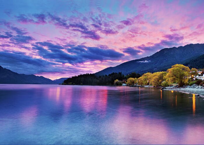 Scenics Greeting Card featuring the photograph Lake Wakatipu by Yubo