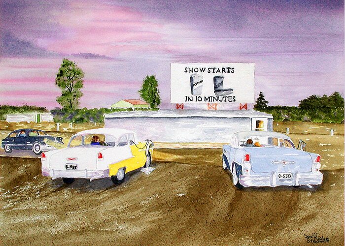 Mitchell Greeting Card featuring the painting Lakevue Drive In Theater by Richard Stedman
