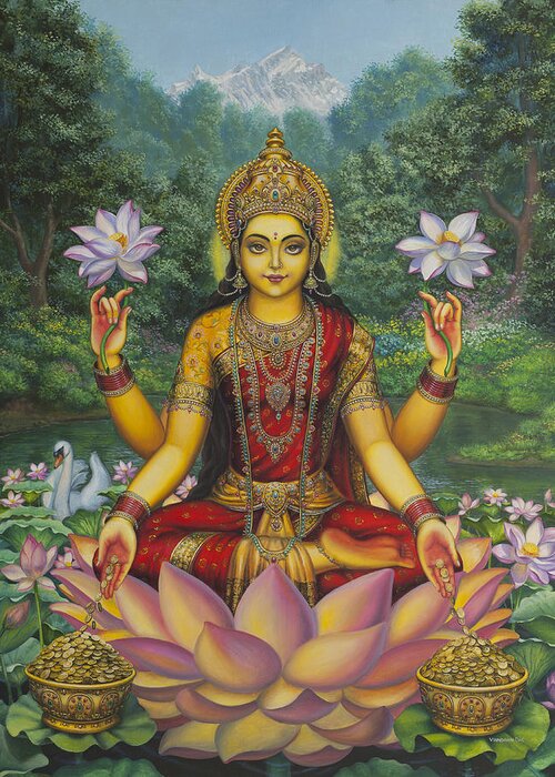 Lakshmi Greeting Card featuring the painting Lakshmi by Vrindavan Das