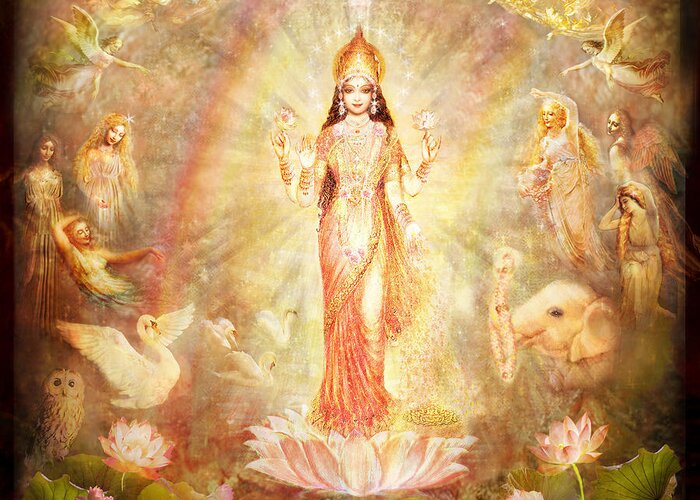 Goddess Painting Greeting Card featuring the mixed media Lakshmi with Angels and Muses by Ananda Vdovic
