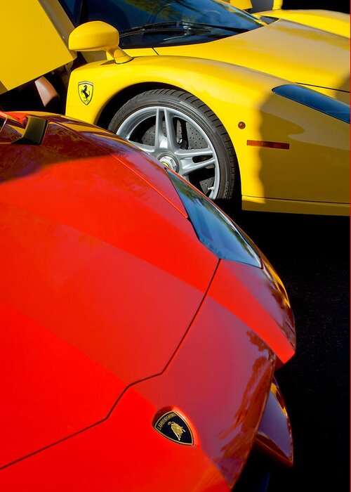 Lamborghini - Ferrari Front Ends Greeting Card featuring the photograph Lamborghini - Ferrari Front Ends -0160c by Jill Reger