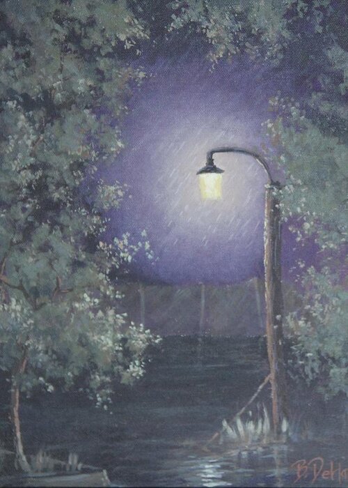 Streetlight Greeting Card featuring the painting Lamp in the Rain by Benjamin DeHart
