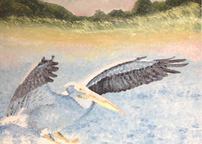 Pelican Beach Bay Ocean Sea Shore Sand Shorebird Chesapeake Greeting Card featuring the painting Landing by Stan Tenney